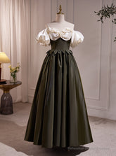 Black Satin Puff Sleeve Flower Prom Dress
